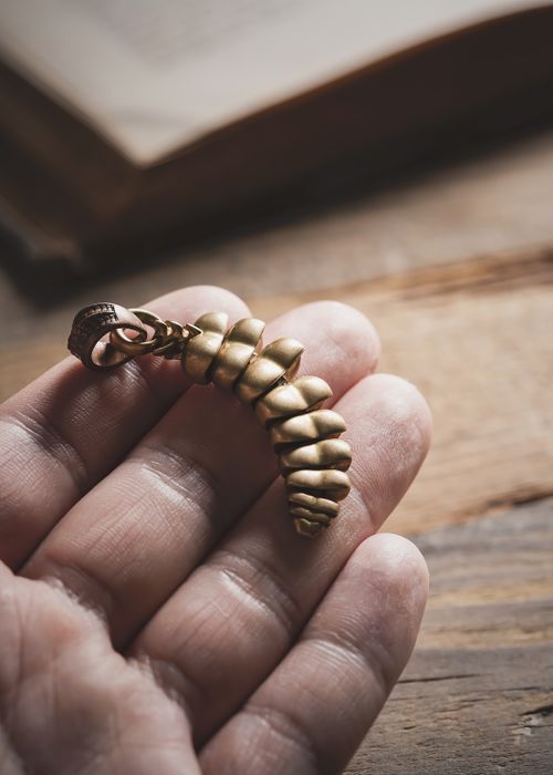 Free Close-up of a golden spiral pendant held in human hands on wooden surface. Stock Photo
