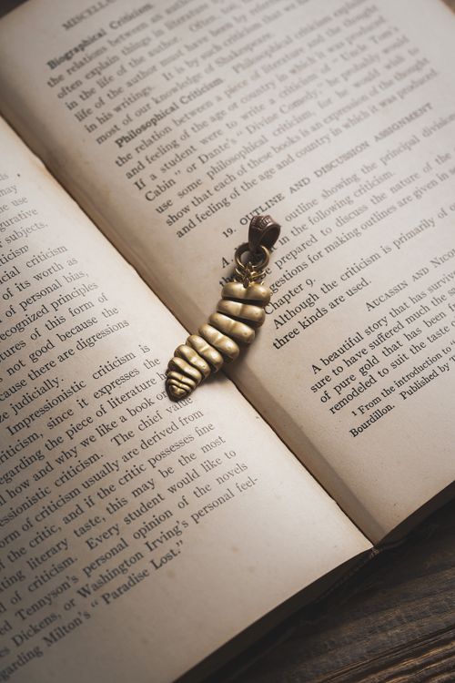 Free Open vintage book displaying a brass dragon bookmark resting between the pages. Stock Photo
