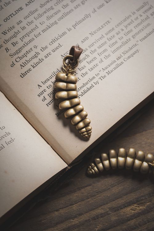 Free Close-up of a golden spiral pendant resting on an open book with thoughtful text. Stock Photo