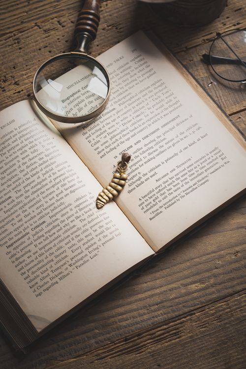 Free Open book with a magnifying glass and dragon tail bookmark on a wooden surface. Stock Photo