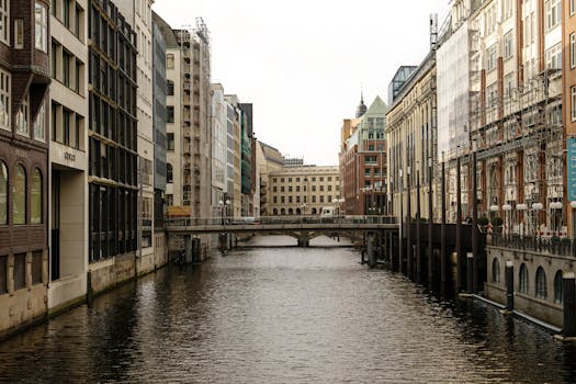 Scenic view of Hamburg canal with historic and modern buildings lining the waterway.