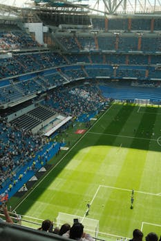 Aerial view of a sunlit soccer stadium with fans in the stands, capturing the vibrant atmosphere.