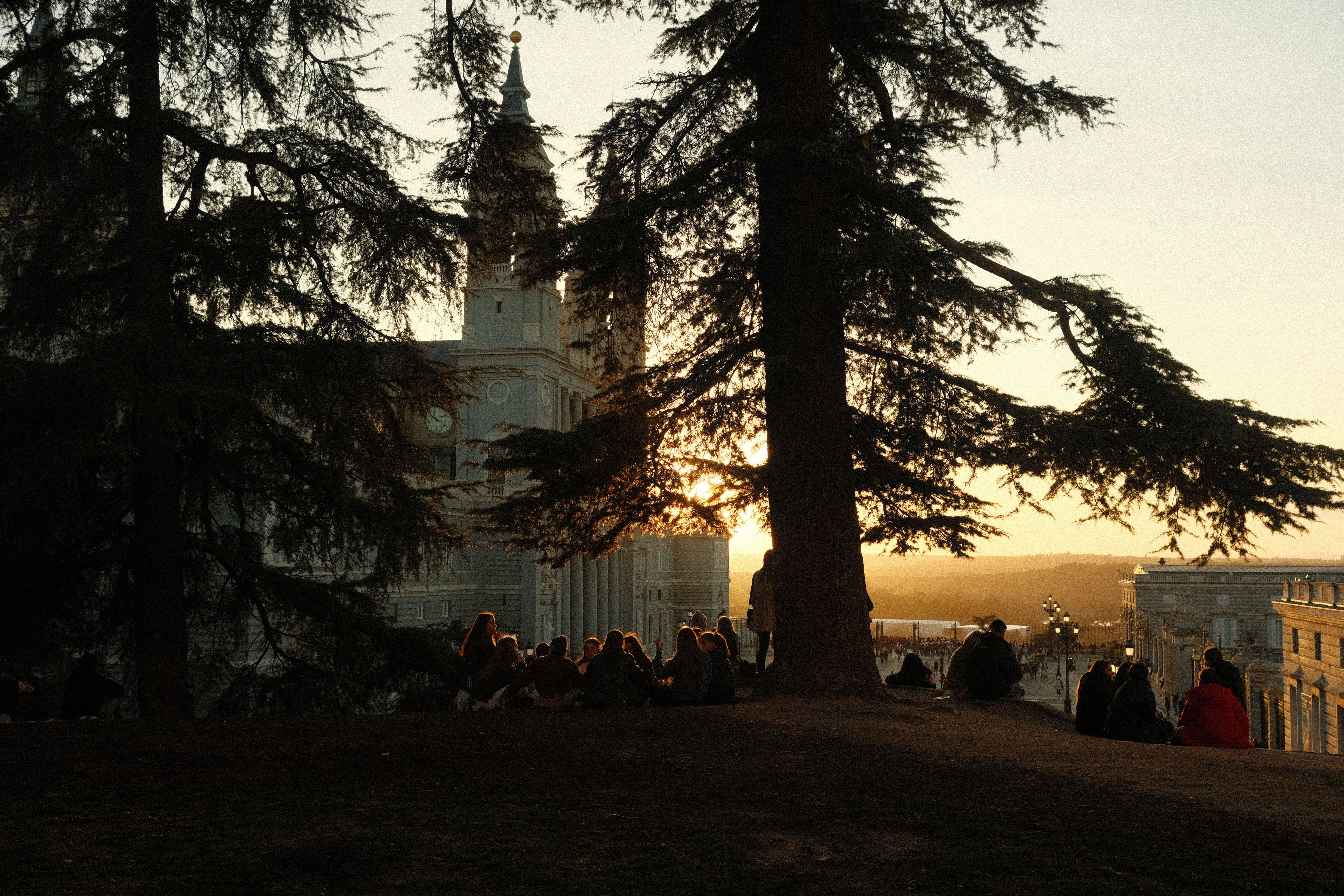 Sunset over a group of people sitting on blankets in a park, some with Bibles or notebooks, others just looking at the sky