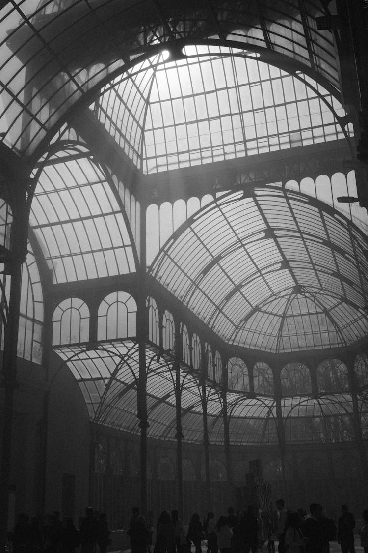 Black And White Photo Of Glass Ceiling Of Palacio De Cristal In Madrid, Spain