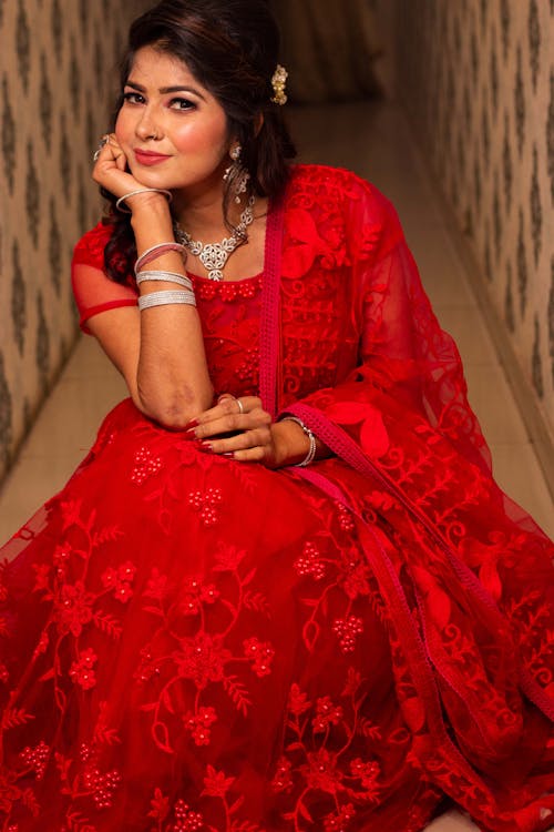 Brunette Woman in Red Dress