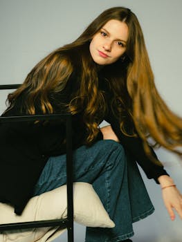 Portrait of a young woman with long hair, seated casually in an armchair, exuding beauty and fashion.