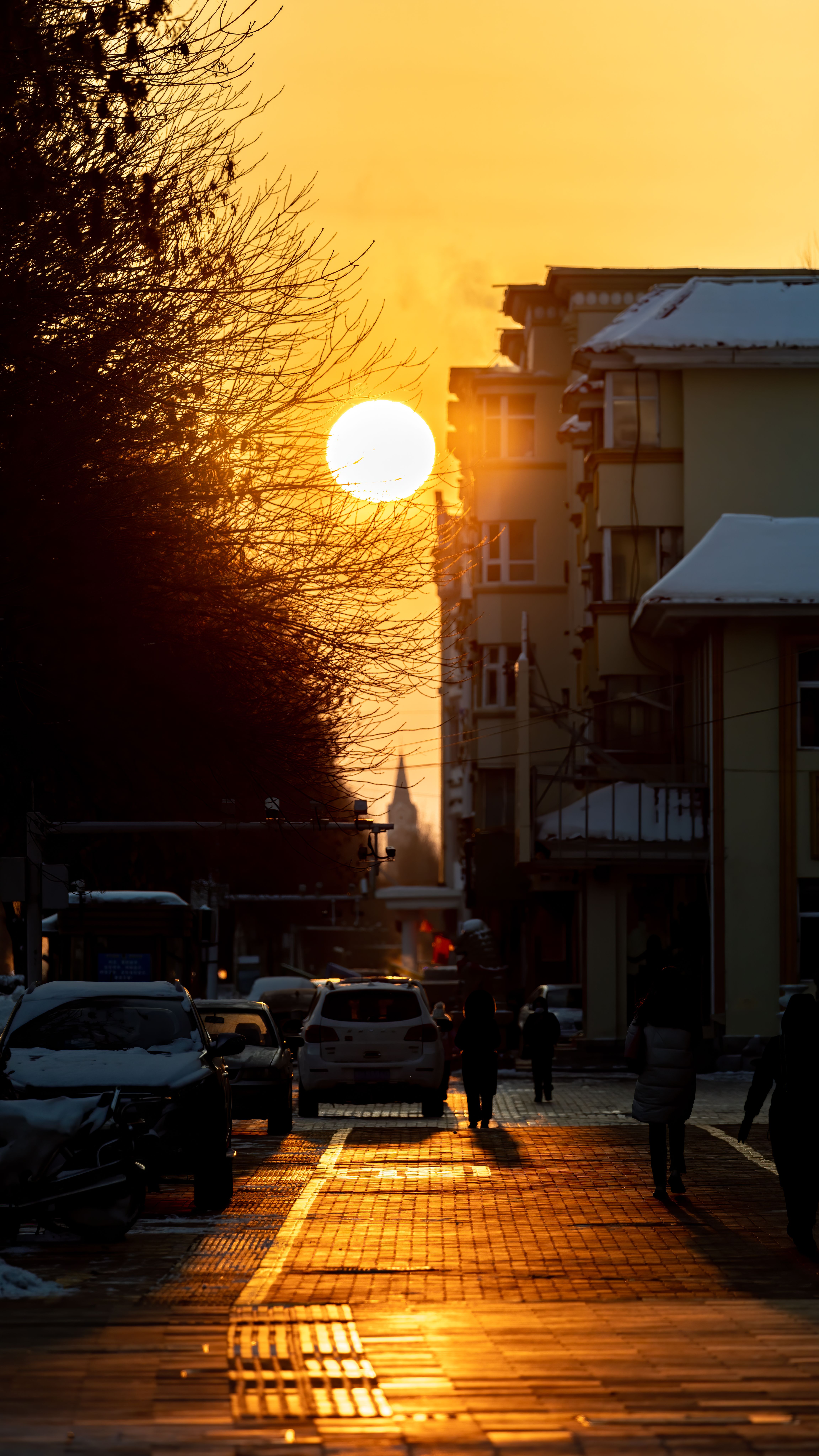 A city street bustling with cars and people under a striking sunrise, casting silhouettes and warm tones.