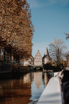 Explore the tranquil beauty of Bruges with this picturesque canal view featuring a historic building in autumn. by lil artsy