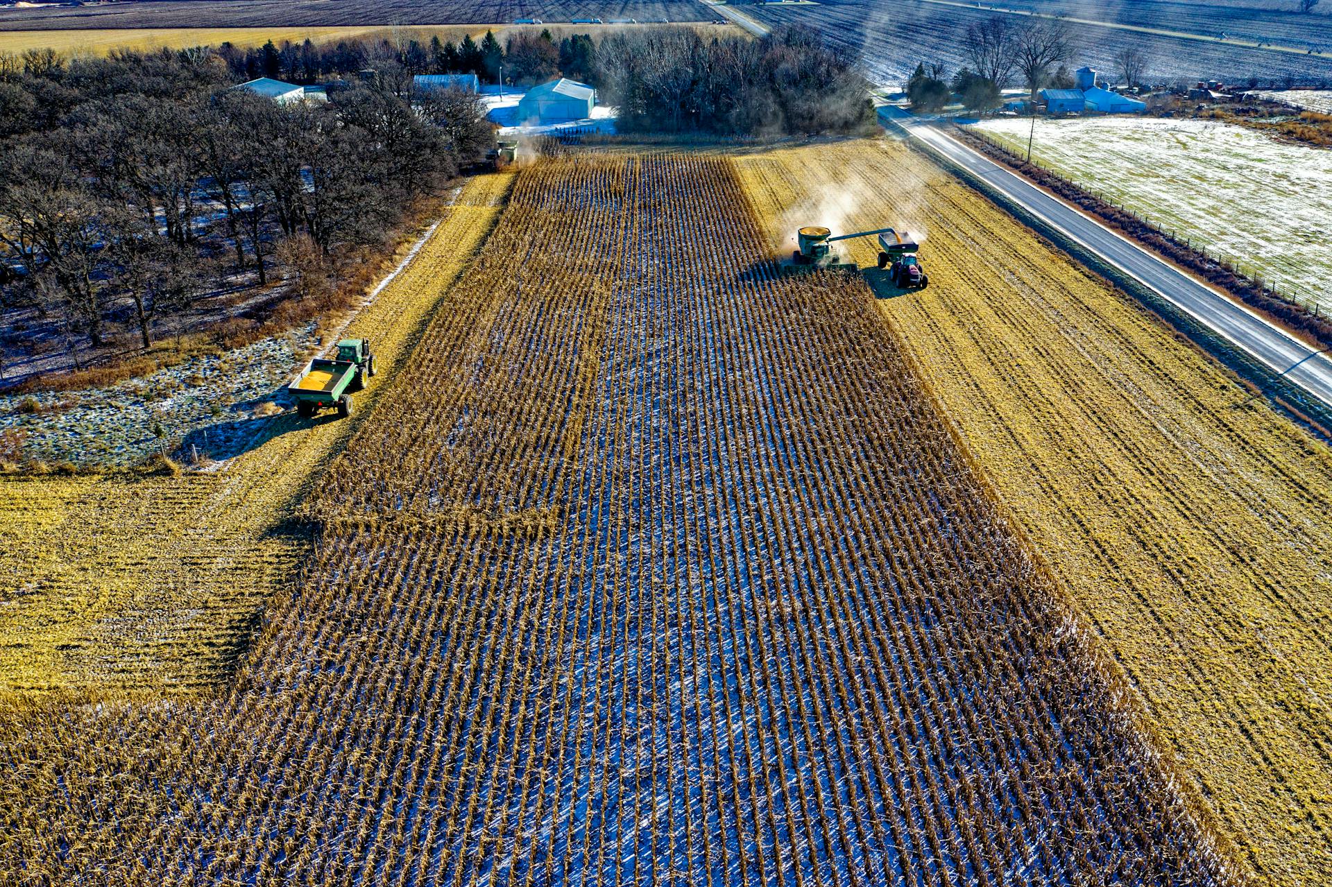 Farm Tractor Harvesting on Field