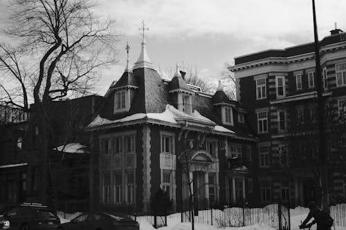 Black and White Picture of Traditional Residential Buildings in City 