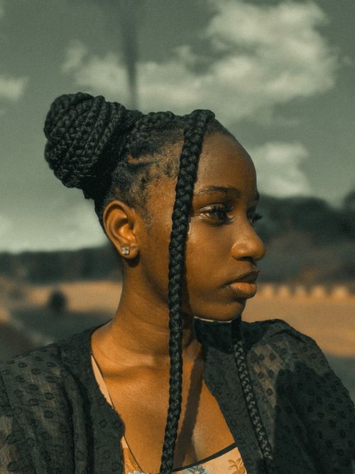 Free Close-up portrait of a young woman with braided hairstyle against a natural blurred background. Stock Photo