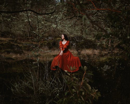 Woman in a Red Medieval Dress Sitting on a Rock in the Forest