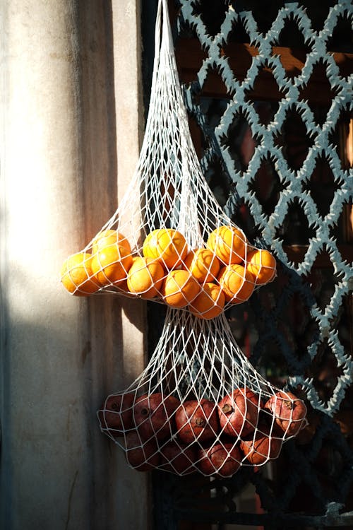 Fruit in Nets Hanging on a Steel Fence 