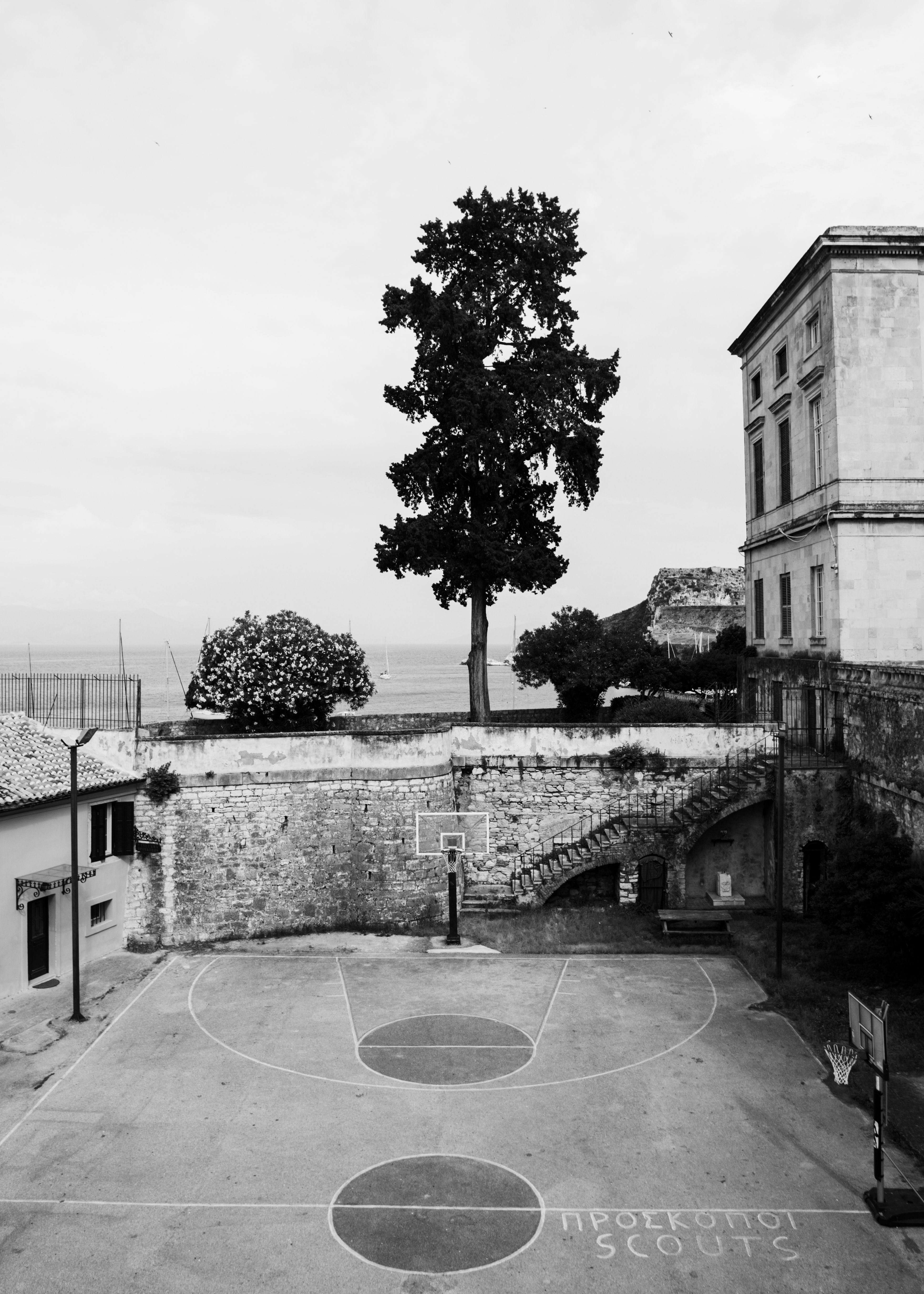 Aerial black and white photograph of a historic urban basketball court in Kerkyra, Greece, showcasing a tree and architecture.