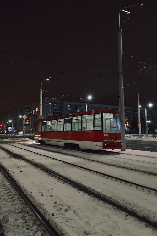 Tram in Snow at Night