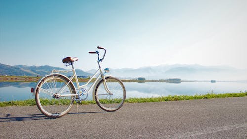 海沿いの道路に駐車した灰色の通勤自転車