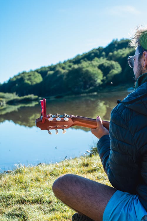 Gratis stockfoto met achteraanzicht, akoestische gitaar, bomen