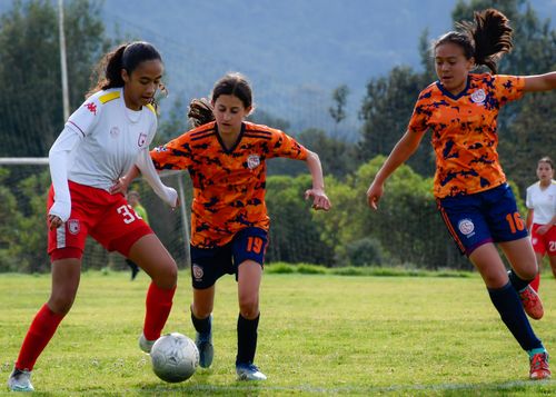 Free Teenage girls competing in a lively soccer match outdoors on a sunny day. Stock Photo