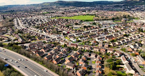 Aerial view of Residential homes and Apartments in Belfast City Northern Ireland Cityscape