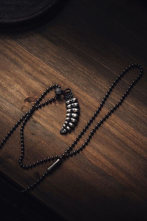 Free Detailed view of a silver dragon necklace with a segmented tail on a wooden table. Stock Photo