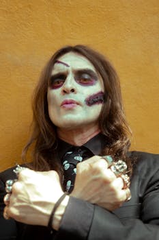 Photo by Gerardo Manzano Man with scary Halloween makeup and fake scars poses against an orange background.