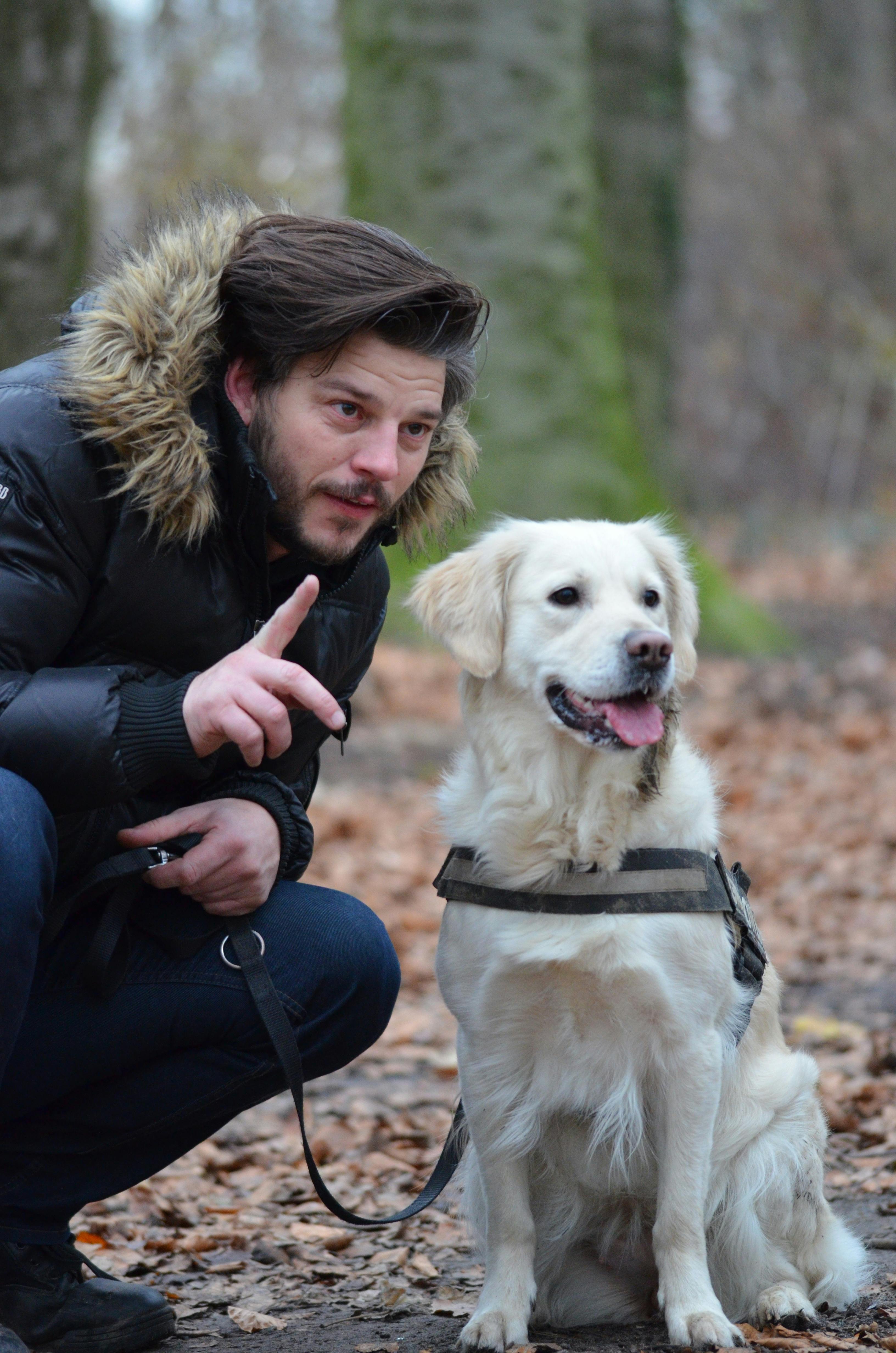 Mann mit seinem Hund im Wald. | Quelle: Pexels
