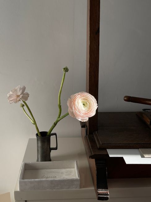 Simple and elegant floral display with Persian buttercups in a modern interior setting.