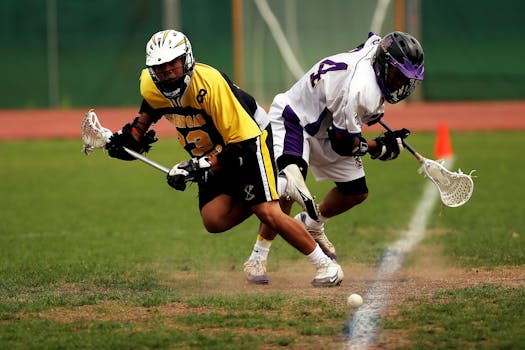 Two men playing an intense lacrosse game outdoors on a grass field.