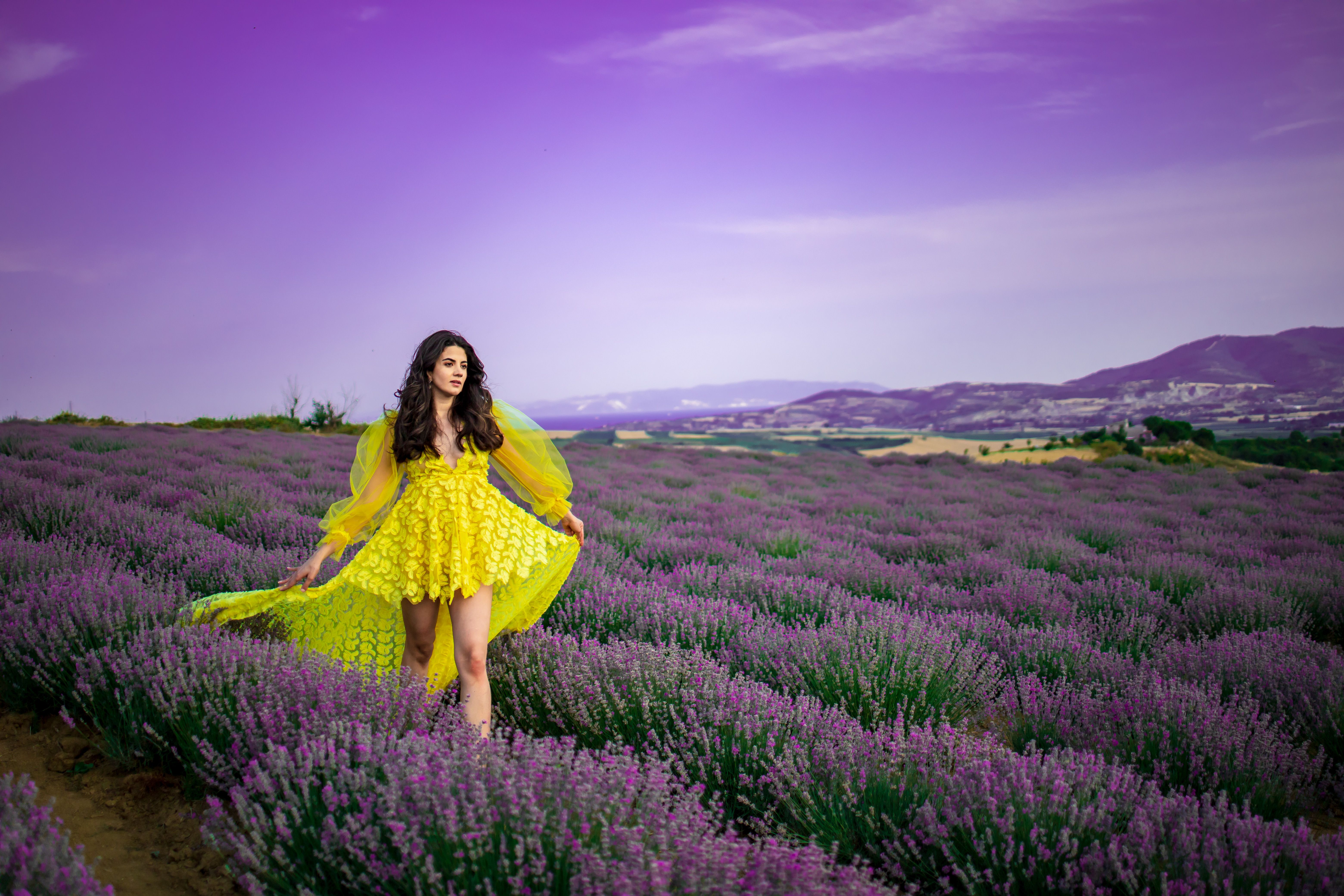 Young Brunette in a Yellow Dress Walking on a Lavender Field · Free ...