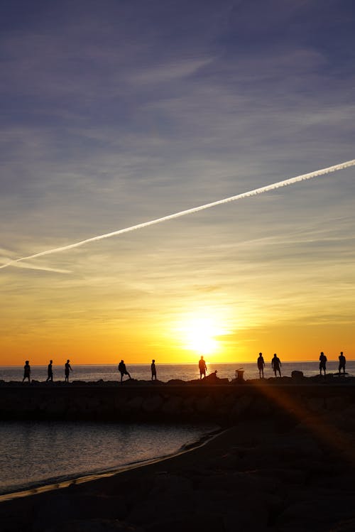 Silhouettes of People on the Beach at Sunset 