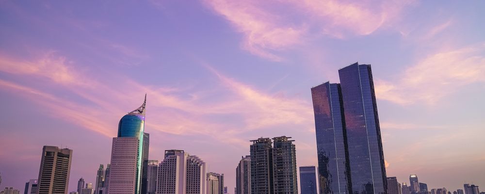 Modern skyscrapers in Jakarta at sunset