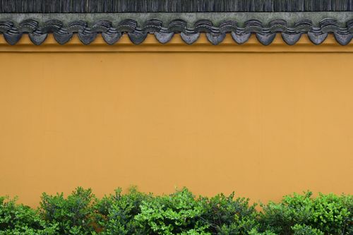 Free A traditional yellow wall with a tiled roof and green bushes in front outdoors. Stock Photo