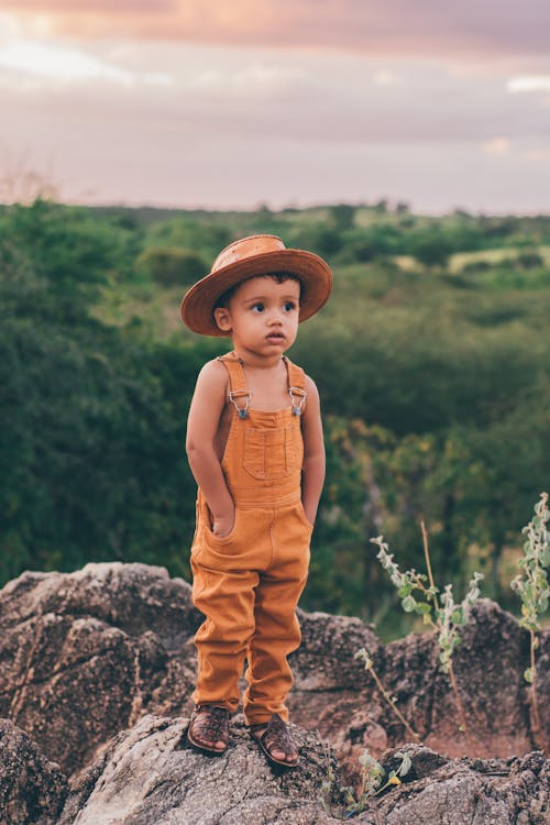 A Little Child in Overalls and a Hat Standing on a Rock in a Countryside 