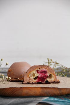 Delicious chocolate mousse dessert with vibrant berry filling on a cutting board, perfect for gourmet treats.