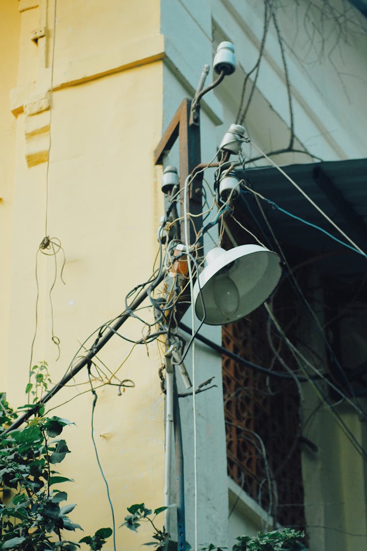 Outdoor Lamp And Tangled Electric Wires