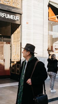 Man in elegant attire walking by shops in urban setting, showcasing fashion and city life.