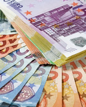 Close-up shot of European Union currency, showcasing euro banknotes in multiple denominations.