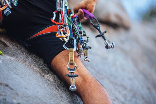A rock climber's gear attached to their harness, showcasing colorful carabiners and equipment.