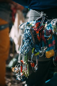 Detailed view of various climbing gear attached to a harness, perfect for outdoor adventures.