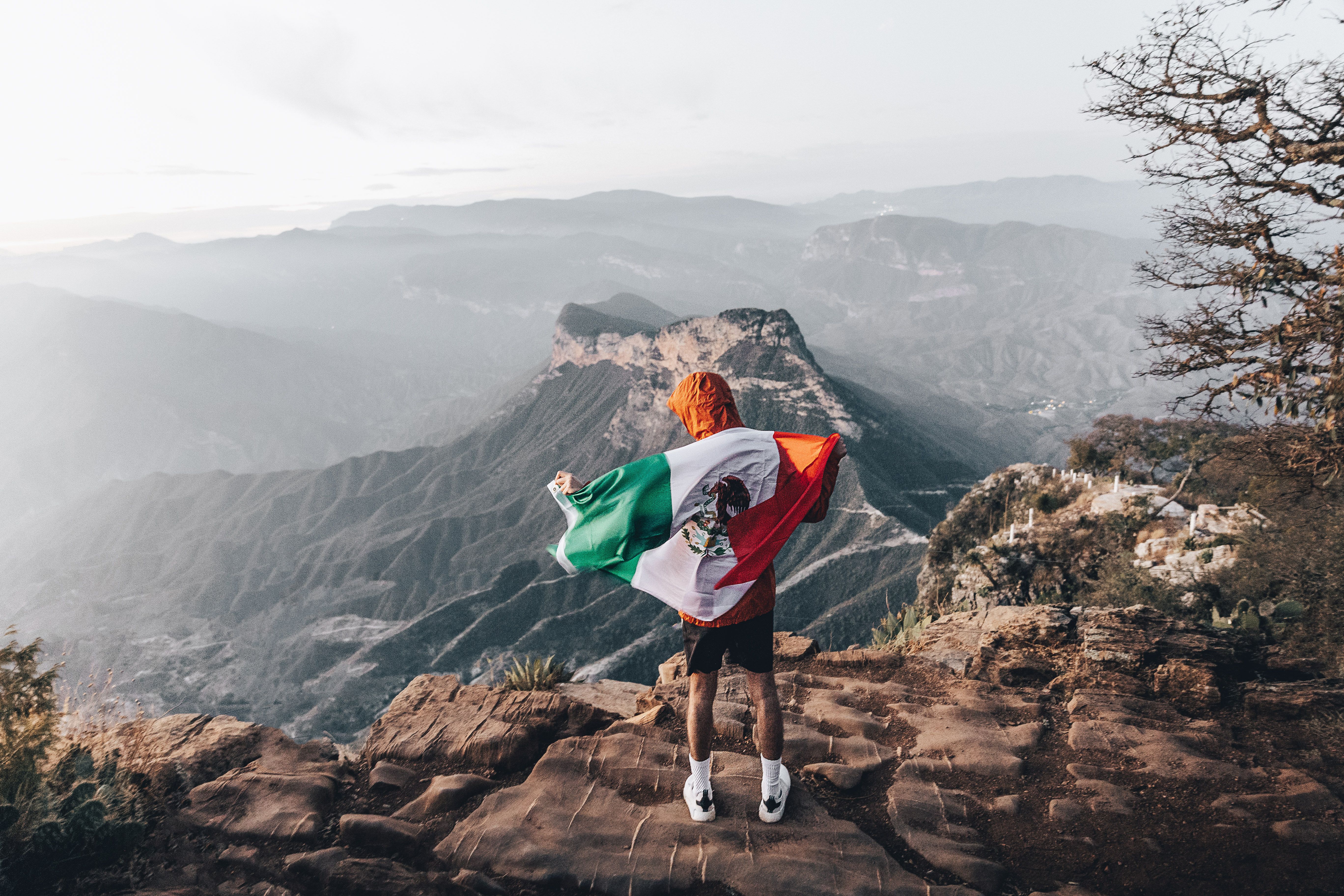 A person stands on a cliff holding a Mexican flag overlooking a vast canyon landscape.