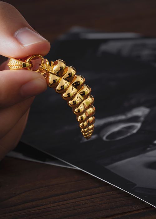 Free Close-up of a luxury gold rattlesnake tail pendant held by a hand. Stock Photo