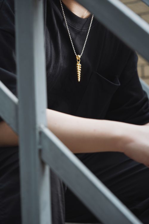 Free Close-up of a gold necklace worn over a black shirt, framed by railing. Stock Photo