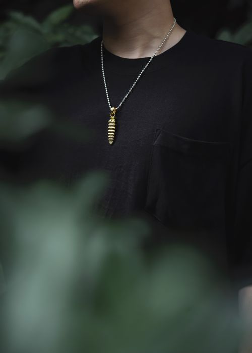 Free Close-up of a person wearing a stylish black shirt and a golden pendant necklace surrounded by greenery. Stock Photo
