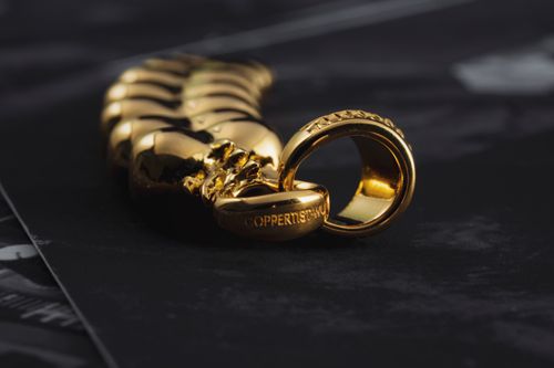 Free Elegant gold jewelry pendant resembling a rattlesnake tail in a close-up view. Stock Photo
