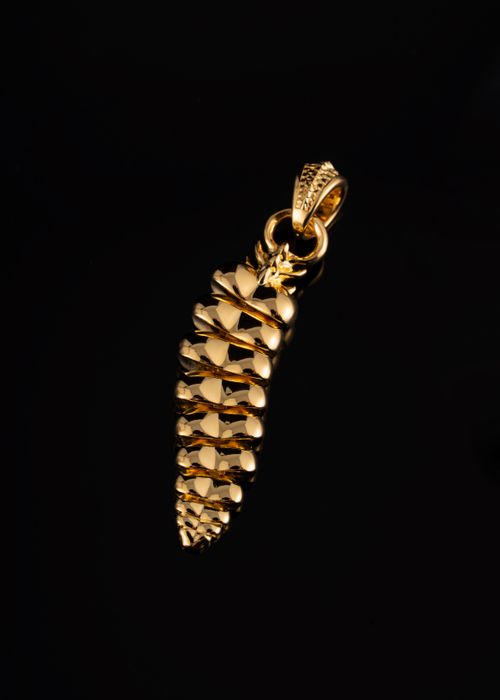 Free Close-up of a shiny gold pendant shaped like a rattlesnake tail against a black background. Stock Photo