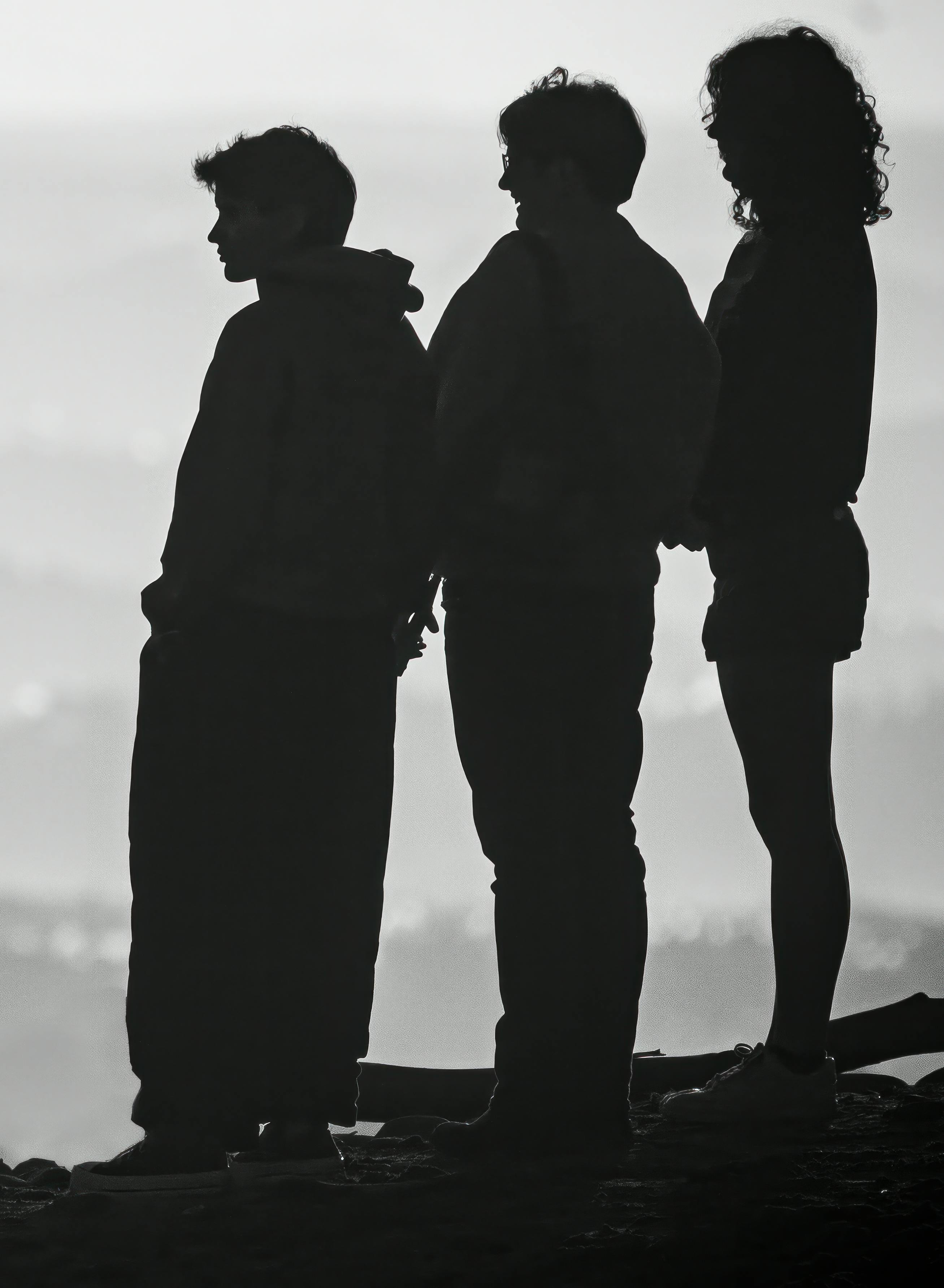 Dramatic silhouettes of three individuals standing in profile against a twilight backdrop.