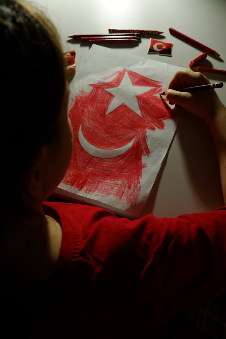 Child Drawing Flag Of Turkey