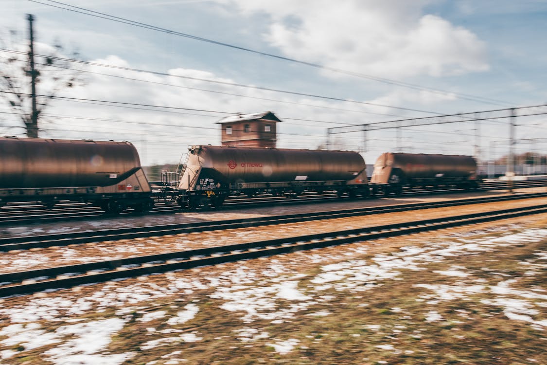 A Cargo Train Photographed in Blurred Motion 