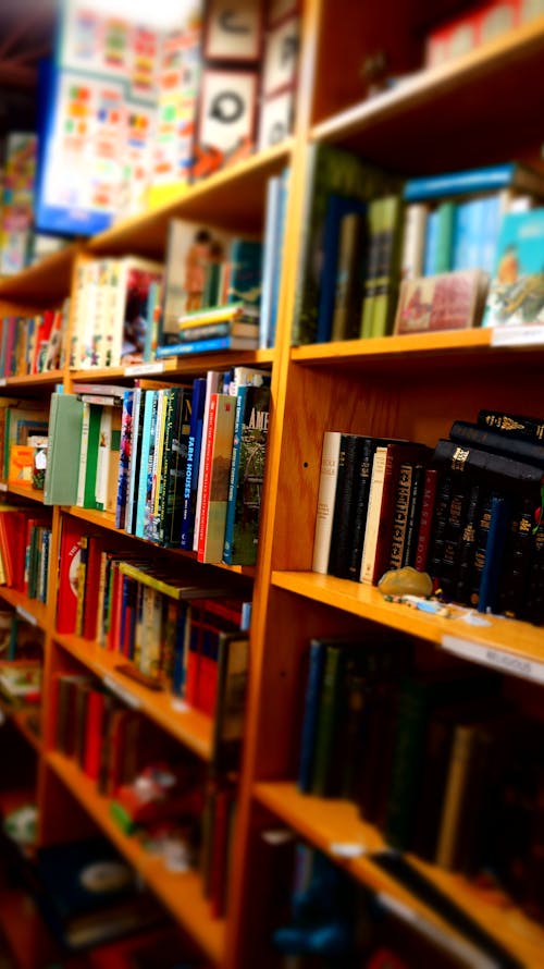 Books in Brown Wooden Shelf Indoors
