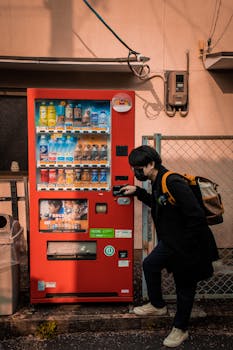 Individual with backpack selecting a beverage from a colorful vending machine outdoors.